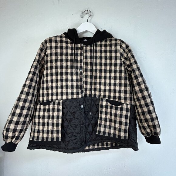 Fashion Classic Collection Women's Hooded Checkered Quilted Jacket Black Beige - Picture 1 of 6